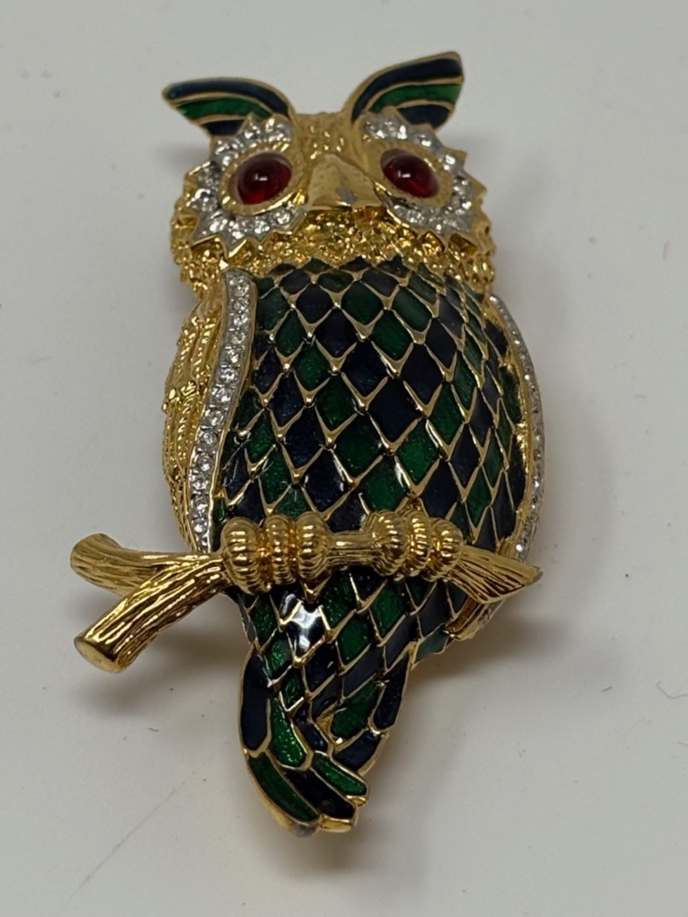 D'orlan Vintage Owl on Branch Brooch Pin Gold Plated Green Enamel with Crystals - Picture 4 of 7